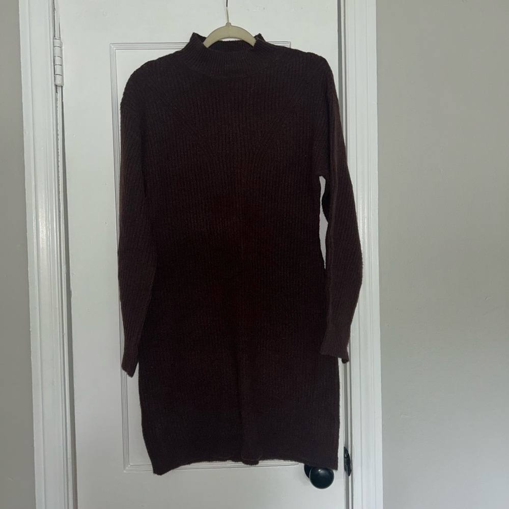 Brown Ribbed Knit Sweater Dress